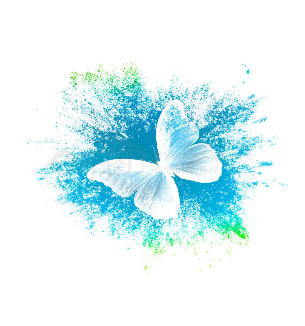 color paint splashes with butterfly isolated on a white backgrou