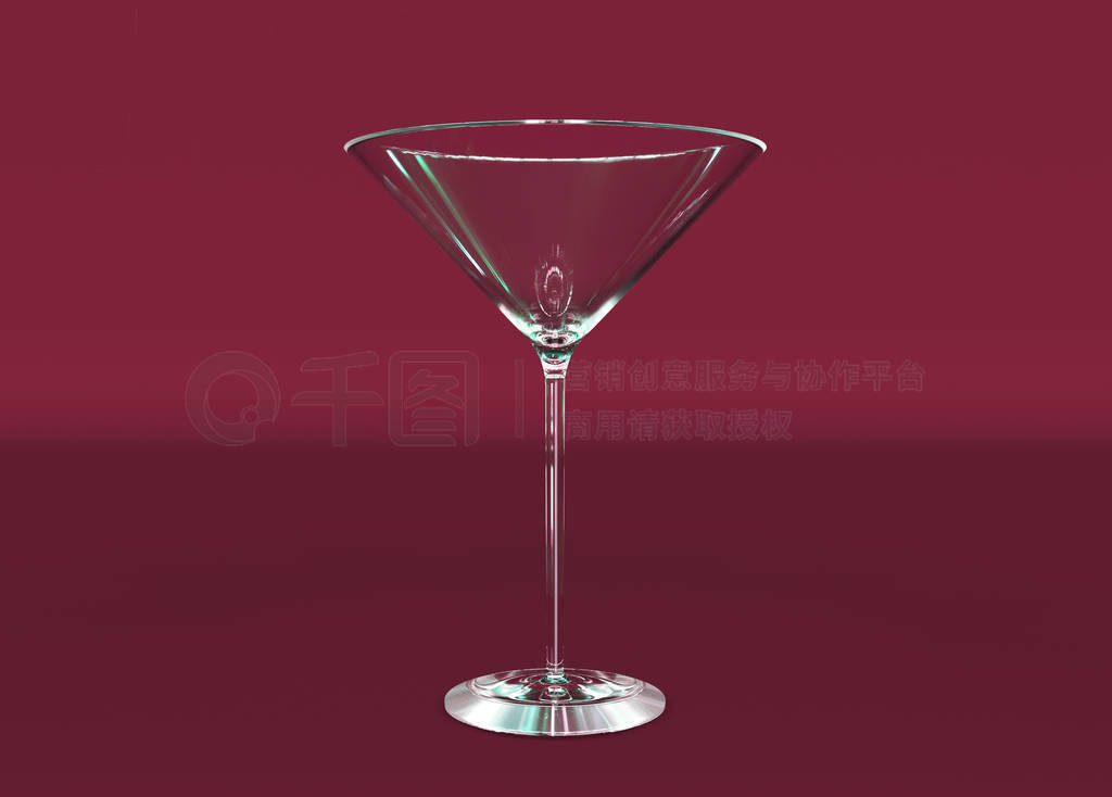Empty cocktail glass isolated on burgundy background. Side view.