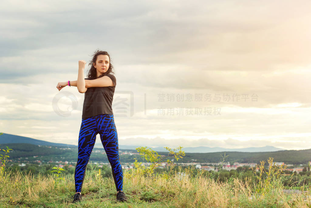 Sport woman girl outdoors. Female fitness girl doing sport exerc