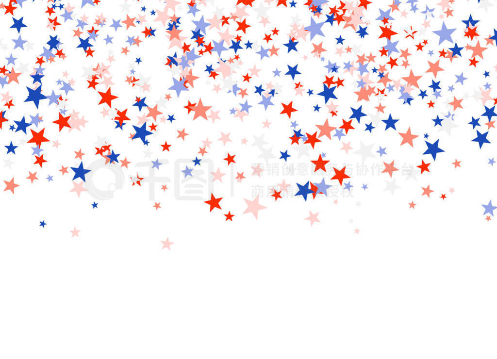 Day in USA. Red, blue and white stars falling from the sky. Ame