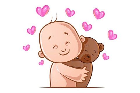 矢量卡通插图 可爱的婴儿和泰迪熊拥抱在一起 孤立在白色背景上