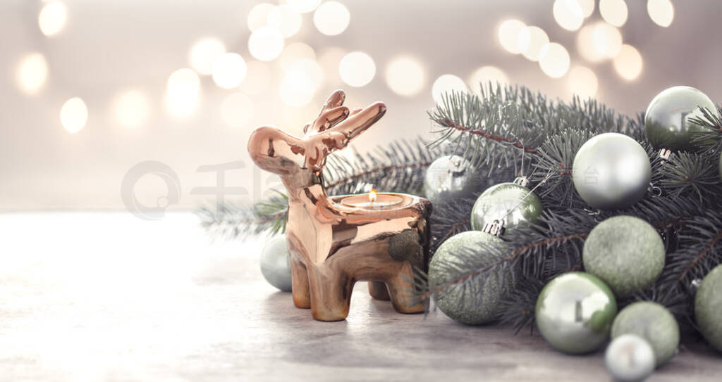 Christmas holiday background with candle holder, Christmas tree