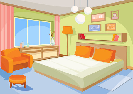 矢量卡通插画室内橙色蓝色卧室,客厅里有一张床,柔软的椅子上