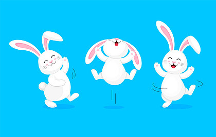 可爱的兔子复活节快乐, 卡通人物设计在蓝色背景上隔离的插图