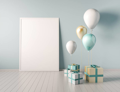 室内模拟的场景与蓝色和金色的礼品盒和气球。逼真的3d 对象为生日聚会或促销海报或横幅。海报尺寸设计元素的空白空间