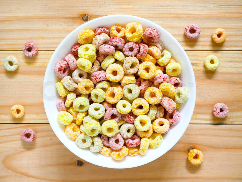 Colorful fruity breakfast cereal in a bowl