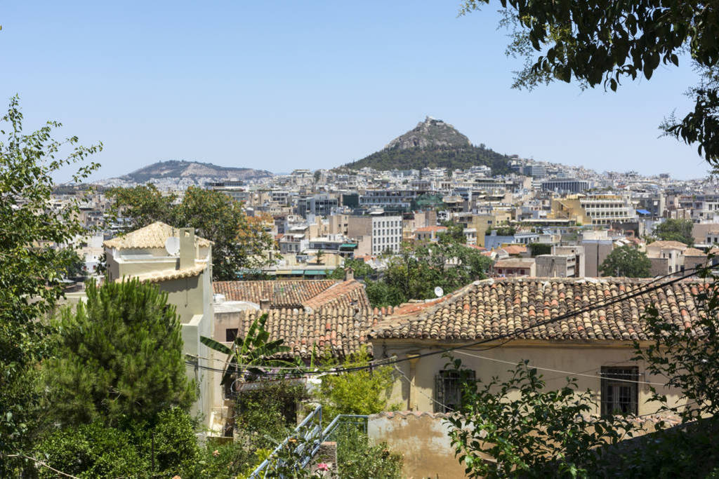 view of Athens from the hill, the roofs of the buildings, hill