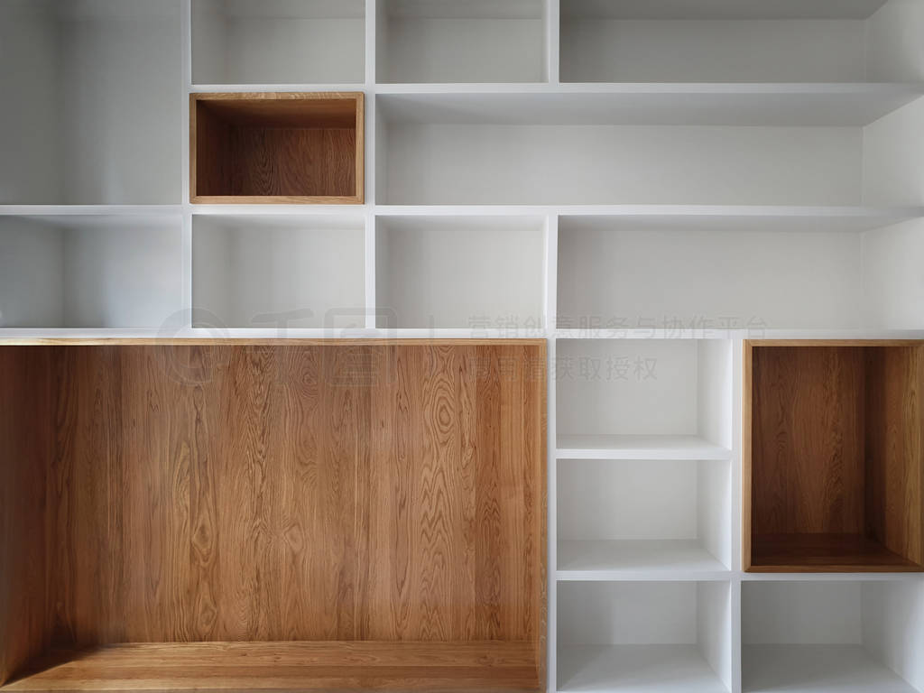 Empty closet shelves background. Modern wooden wardrobe boxes, b