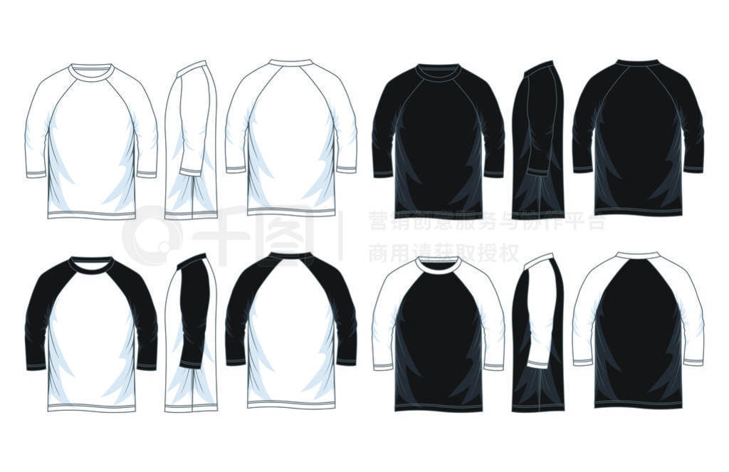 s three-quarter sleeves raglan t-shirt templates, Front, side an