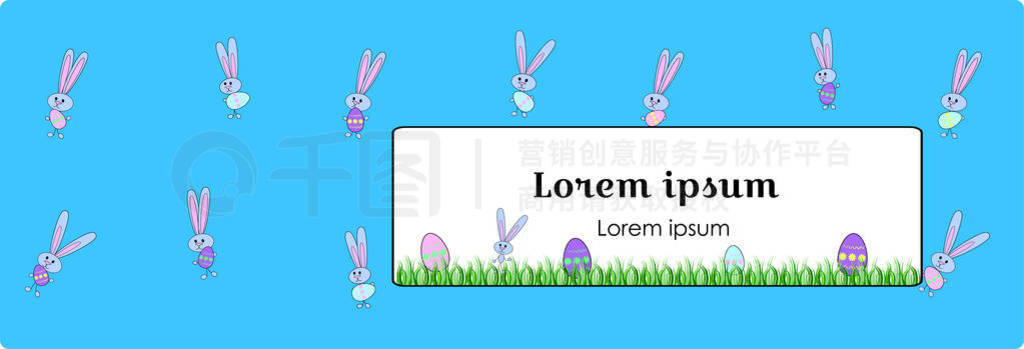 horizontal blue banner for Happy Easter with painted eggs and a