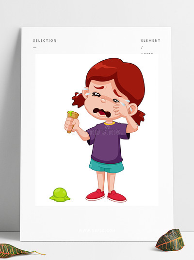 卡通女孩用冰激凌滴哭