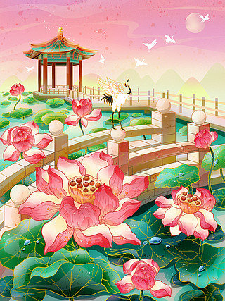 荷花池中的小亭子国风线性风景创意插画古风中国风手绘水墨风景画山水