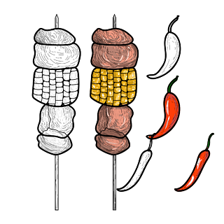 國潮風簡筆畫黑白燒烤肉串玉米烤串辣椒