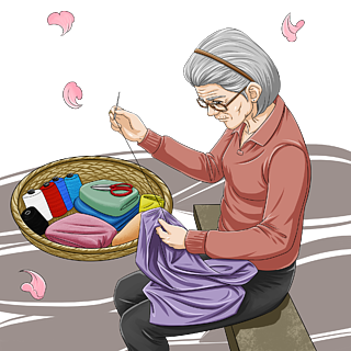 母亲节 妈妈手绘卡通推着坐轮椅的白发老爷爷的长发美女白发的老奶奶