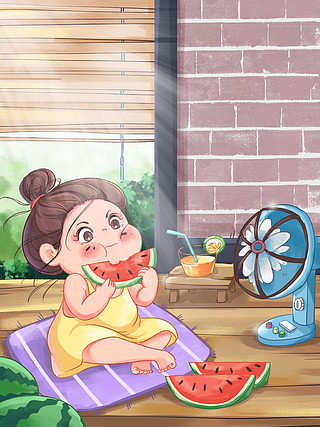 夏季吃西瓜的小女孩