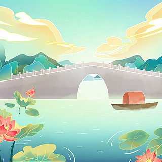 西湖断桥绘画图片