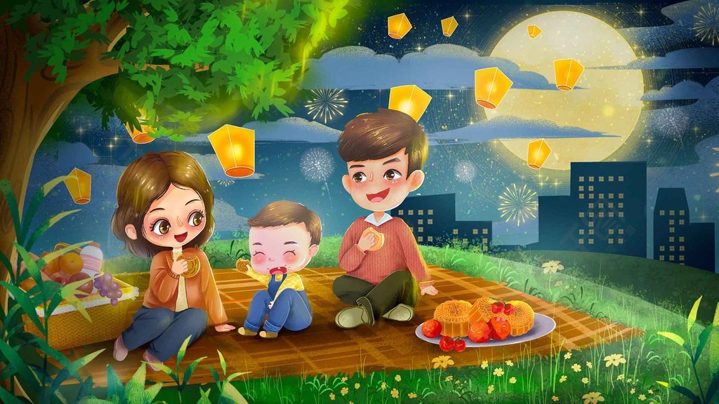 中秋节一家人团圆吃月饼赏月