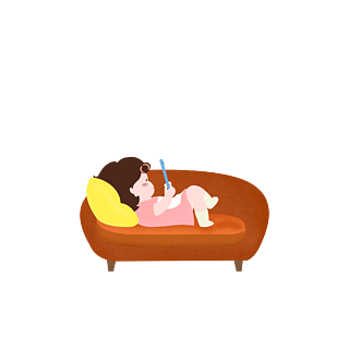 卡通噪点手绘躺在沙发上玩手机的小女孩