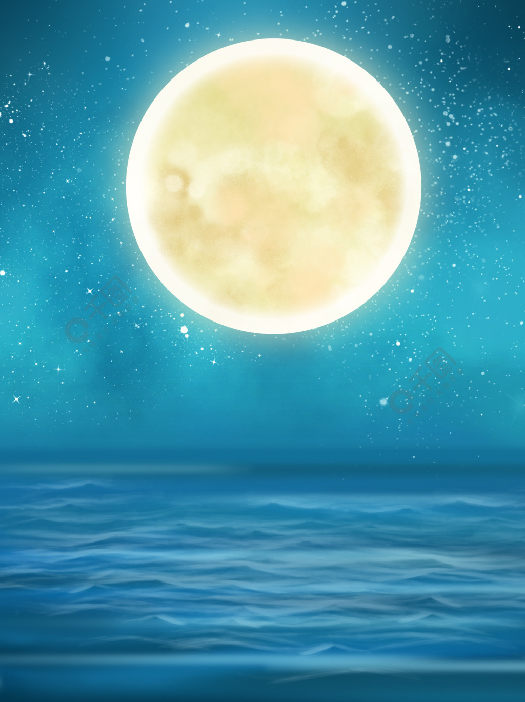 原创手绘夜晚海边中秋月亮背景场景素材