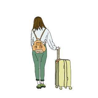 手绘车站推行李箱旅行背包可爱小女孩背影