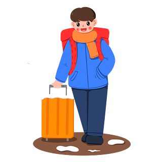 手绘蓝衣男孩拉行李箱冬季出门旅游免抠元素手绘卡通春运拉行李箱的人