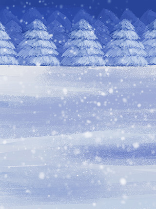 手绘冬天雪松山景森林下雪冷色调背景素材