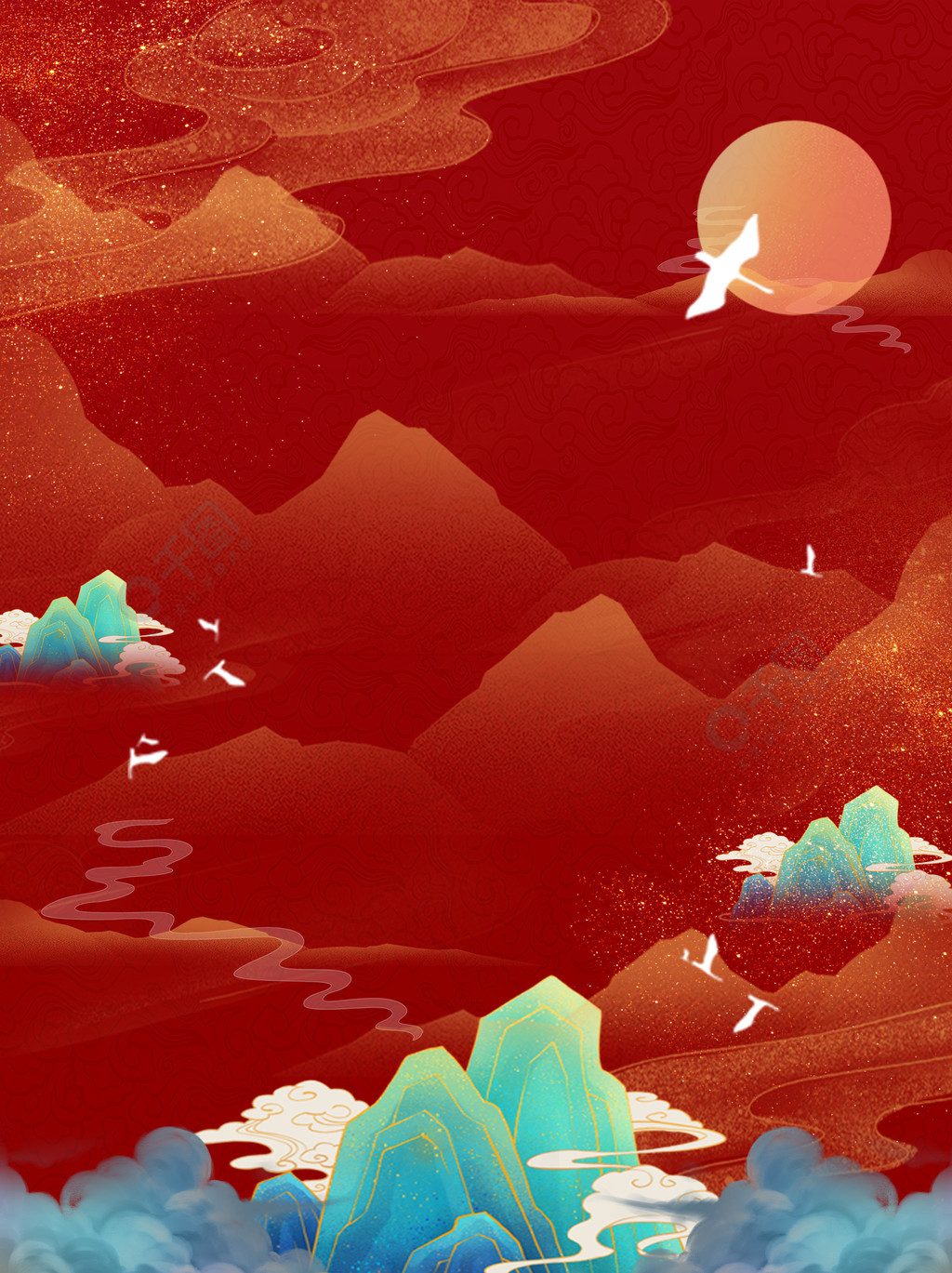 红色国朝山水中国风水墨画手绘系列海报背景