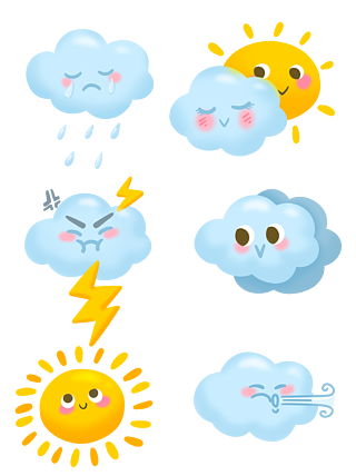 手绘卡通天气预报图标表情晴雨天太阳