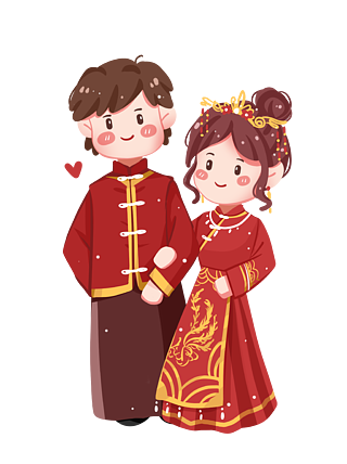 中式结婚订婚秀禾情侣新娘卡通手绘喜庆迎宾