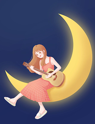 坐在月亮上弹吉他的女孩红色格子连衣裙