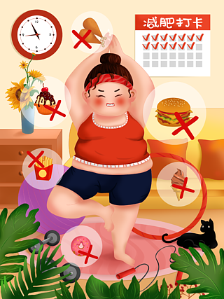 减肥插画减肥前后对比胖女孩减肥卡通手绘插画元素运动锻炼减脂踩单