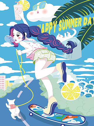 快乐夏日矢量漫画风插画女孩滑板假日蓝色调