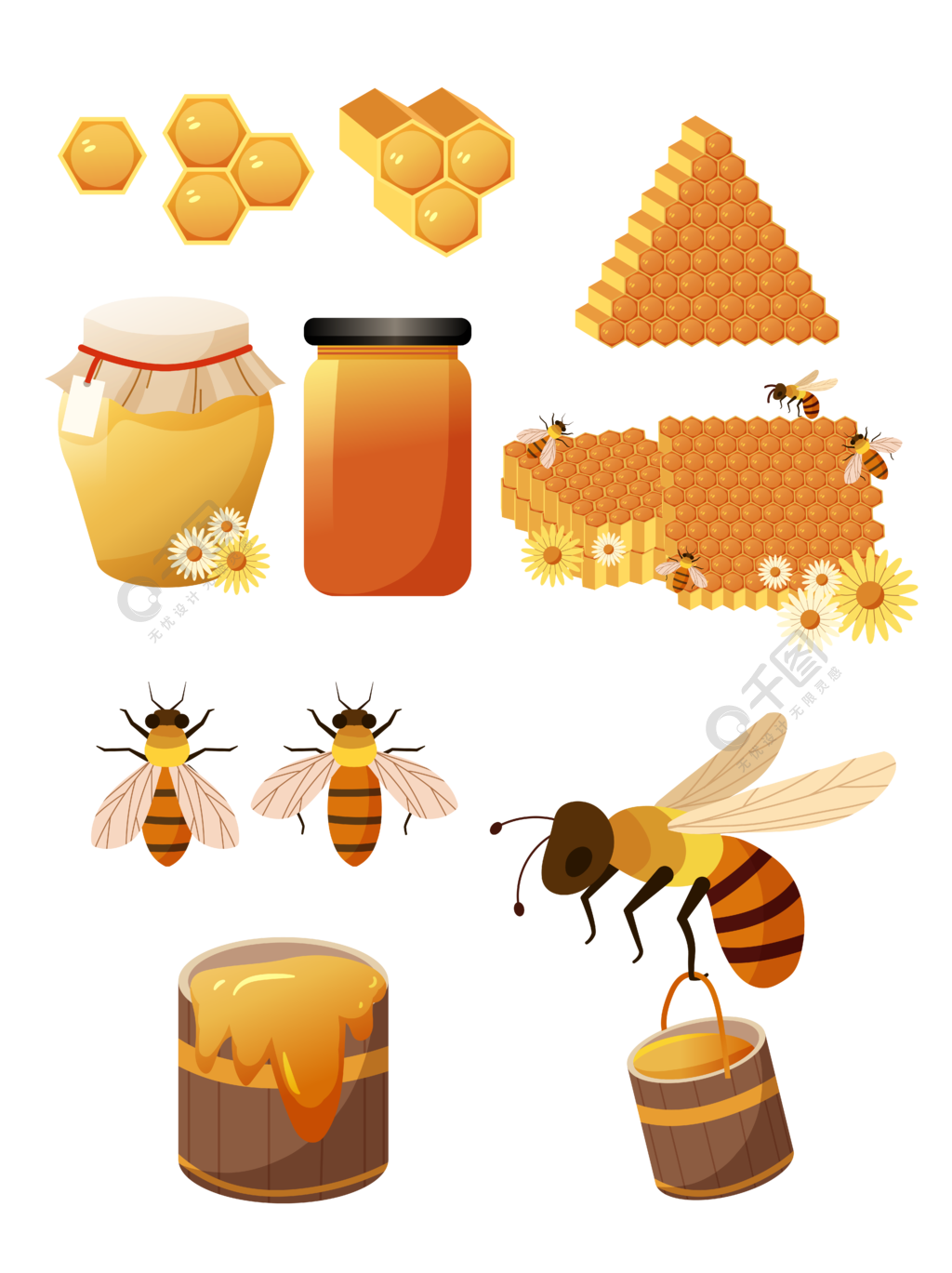 矢量蜜蜂蜂蜜蜂巢花朵元素