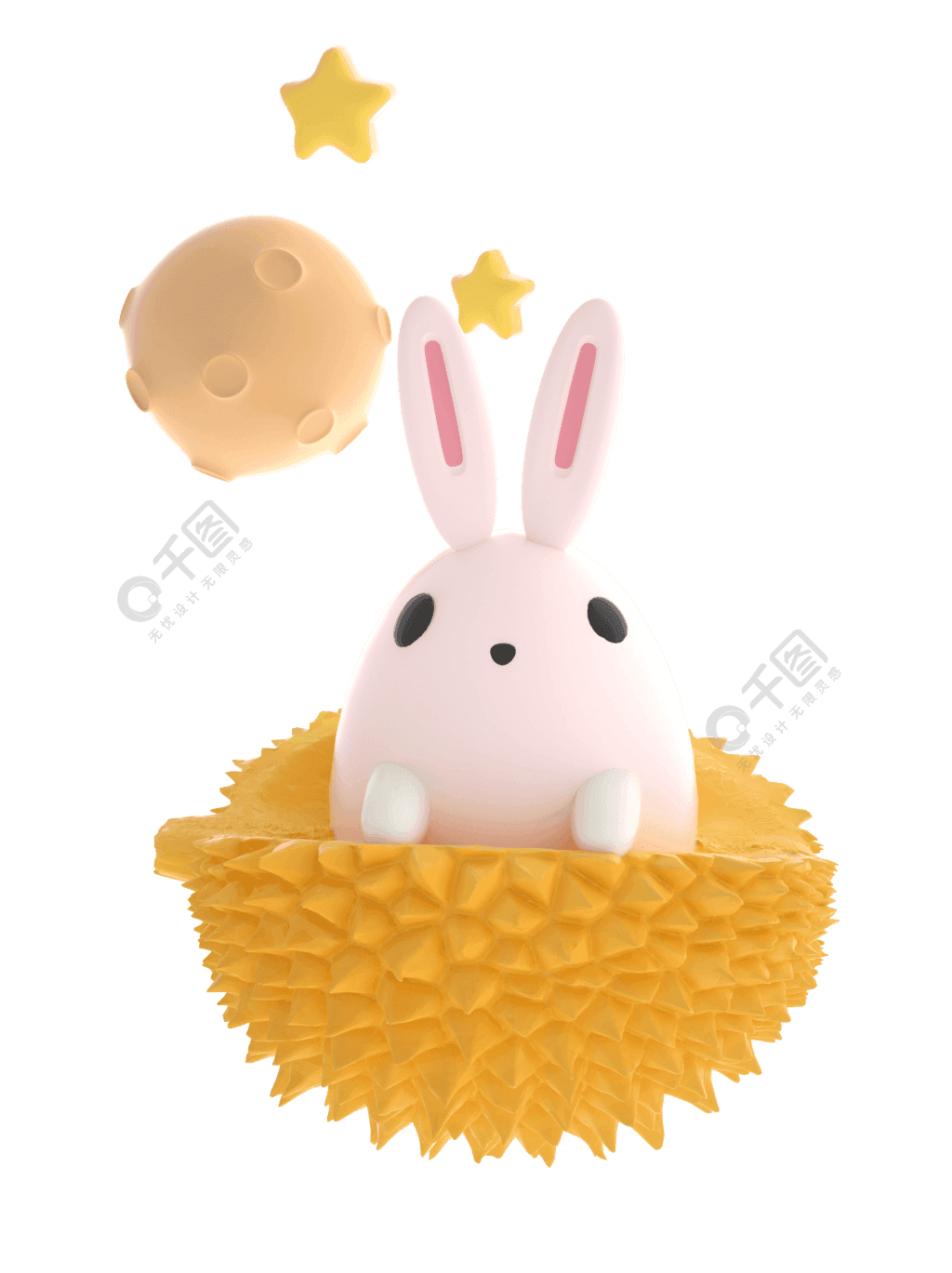 3D坐在榴莲水果里的可爱兔子中秋节素材图