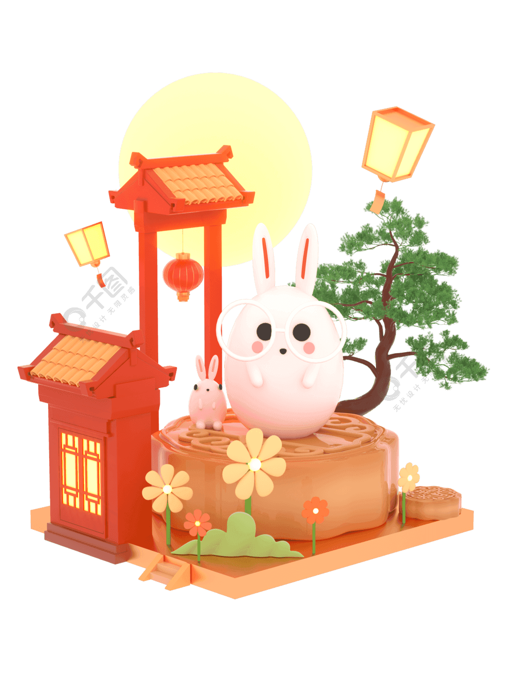 3D卡通立体中秋节兔子月饼建模场景素材