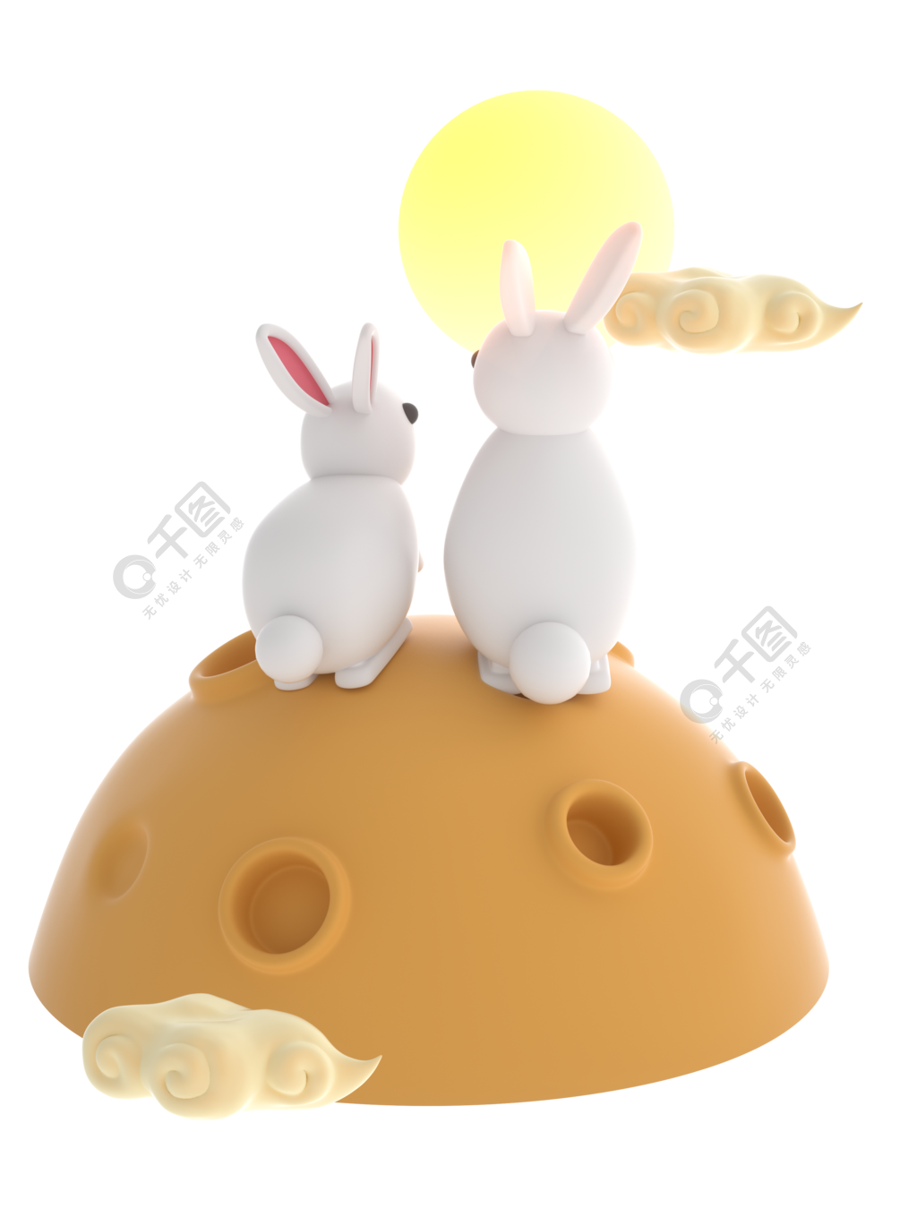 3D中秋节坐在月亮上的简约兔子场景素材