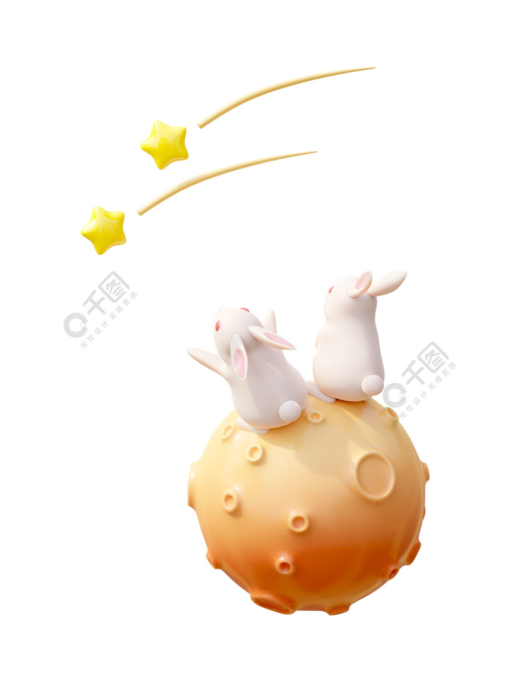 3D立体免抠简约兔子坐在月亮上场景装饰