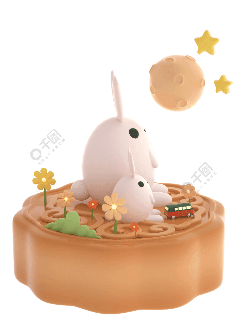 3D简约中秋节兔子坐月饼月亮卡通场景素材