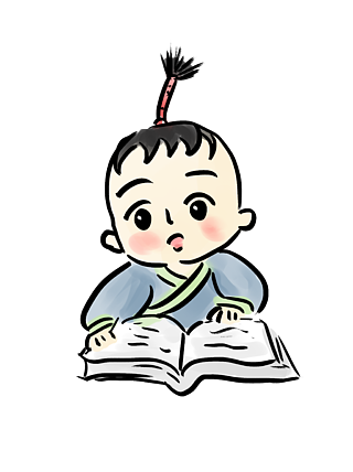 手绘中国画水墨画可爱孩子看书
