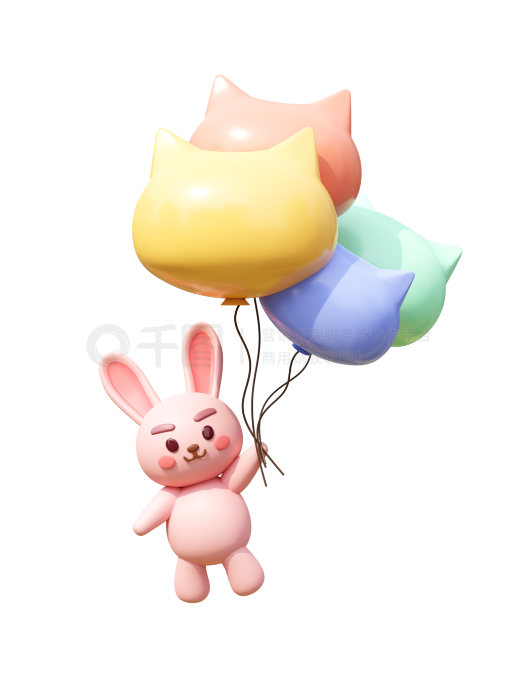 3D立体拿着猫头气球的可爱兔子动物IP