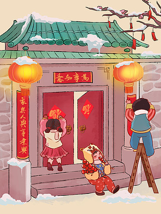 春节景象手绘图片