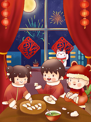 新年传统习俗小朋友包饺子卡通手绘插画