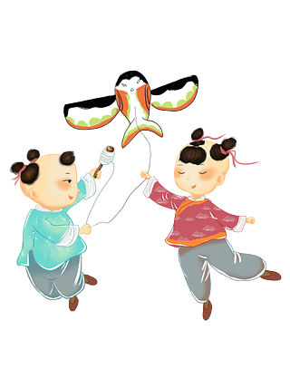 春天立春古风两个小孩放风筝手绘卡通