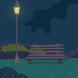 夜晚公园长椅路灯草地夜空儿童插画卡通场景