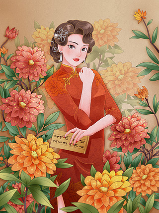 妇女节系列复古旗袍精致人物手绘插画