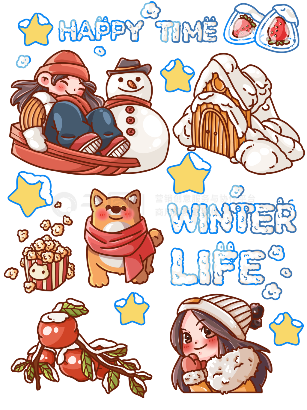 蓝色背景手绘雪人冬天二十四节气冬至立冬小雪手机海报-比格设计