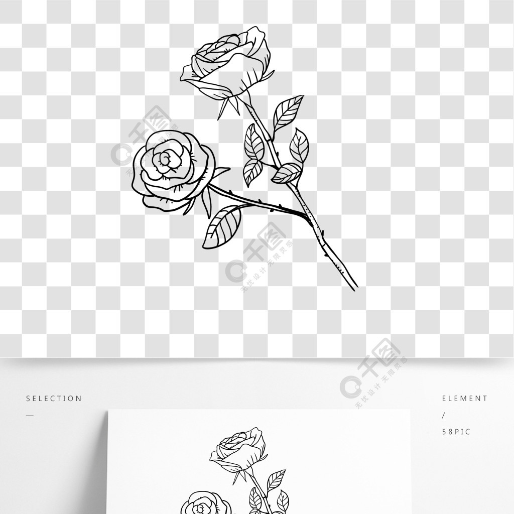 黑白线条玫瑰带刺叶子roseclipartblackandwhite