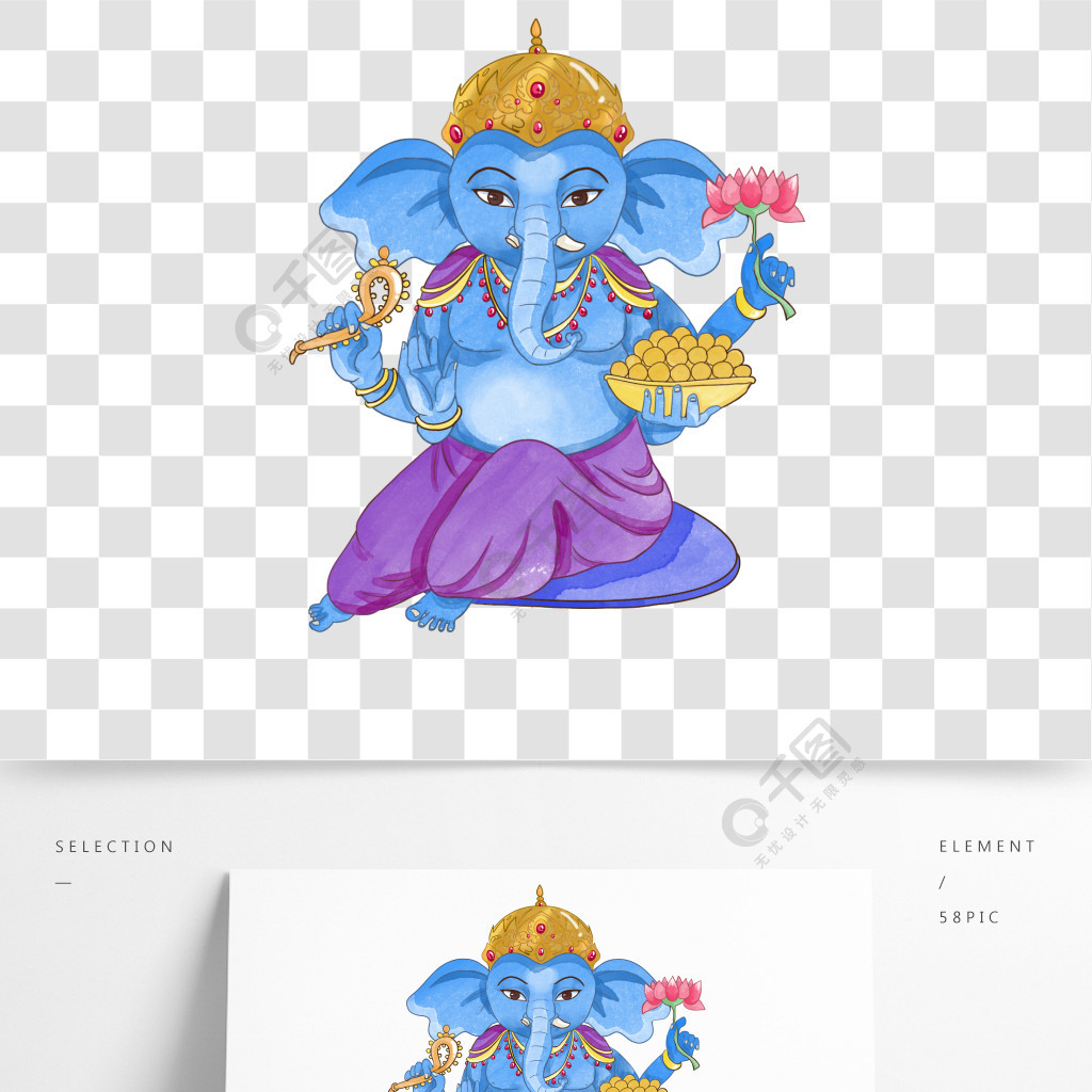 蓝色手持法器印度水彩象头神