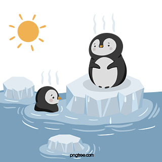 手绘卡通冰川融化企鹅元素冰山北极和北极景观元素,融化的冰山和冰川