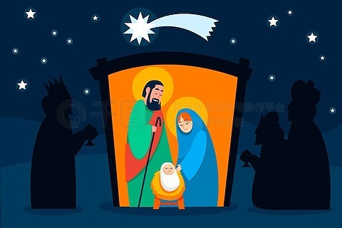 reyes magos 到达耶稣诞生场景的平面插图